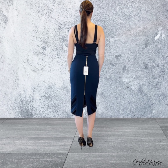 ROLAND MOURET NAVY BLUE BLACK LAC3 & VELVET PENCIL SKIRT SZ US 10 - Picture 3 of 17